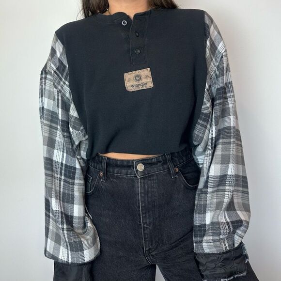 Reworked Wrangler Long Sleeve Mid Crop Baggy Relaxed Fall Flannel Shirt Top - Picture 2 of 4